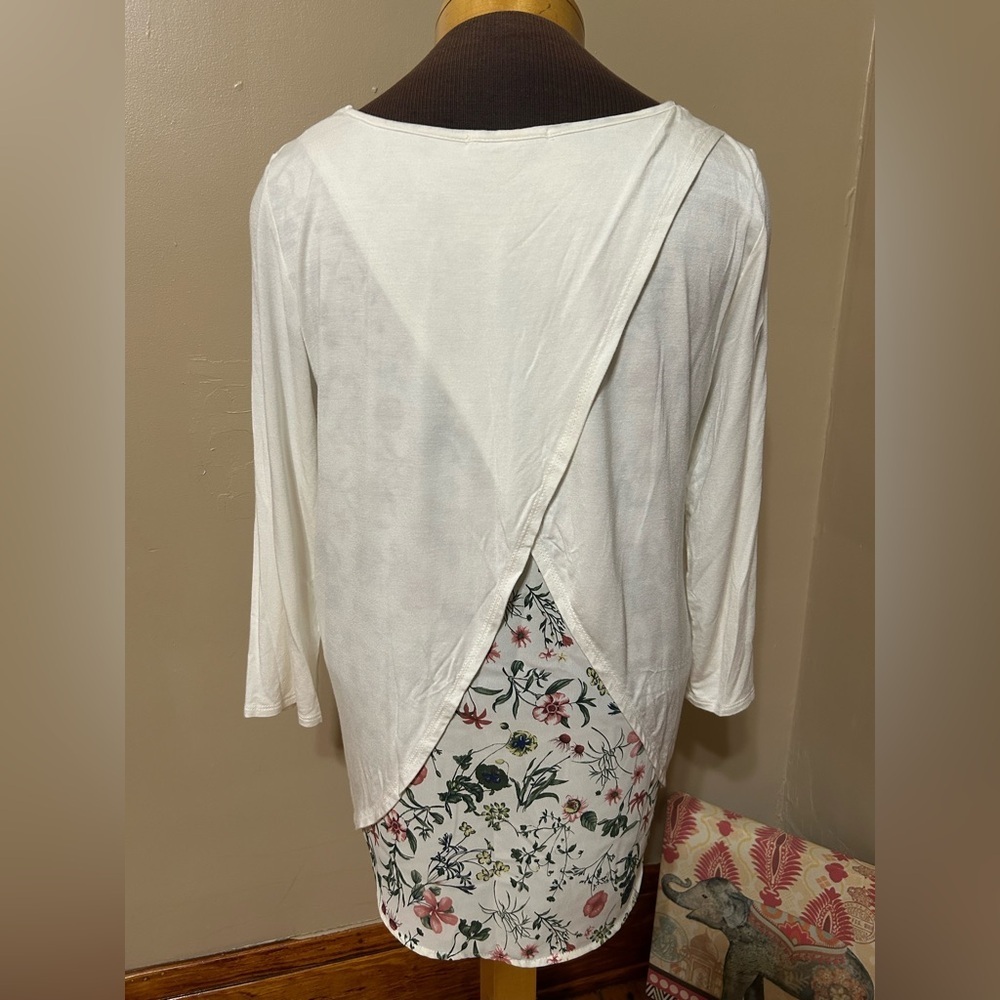 Anthropologie Le Lis Tunic Blouse Shirt 3/4‎ Sleeve White Floral Flowy Large